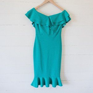 Quiz Teal BodyCon Dress with Ruffle Flare and Dipped shoulders